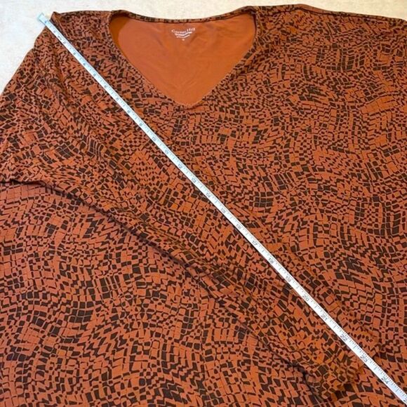 Garnet Hill- Green Cotton Brown & Black Square Pattern V-Neck Top- Size Medium - Picture 6 of 9